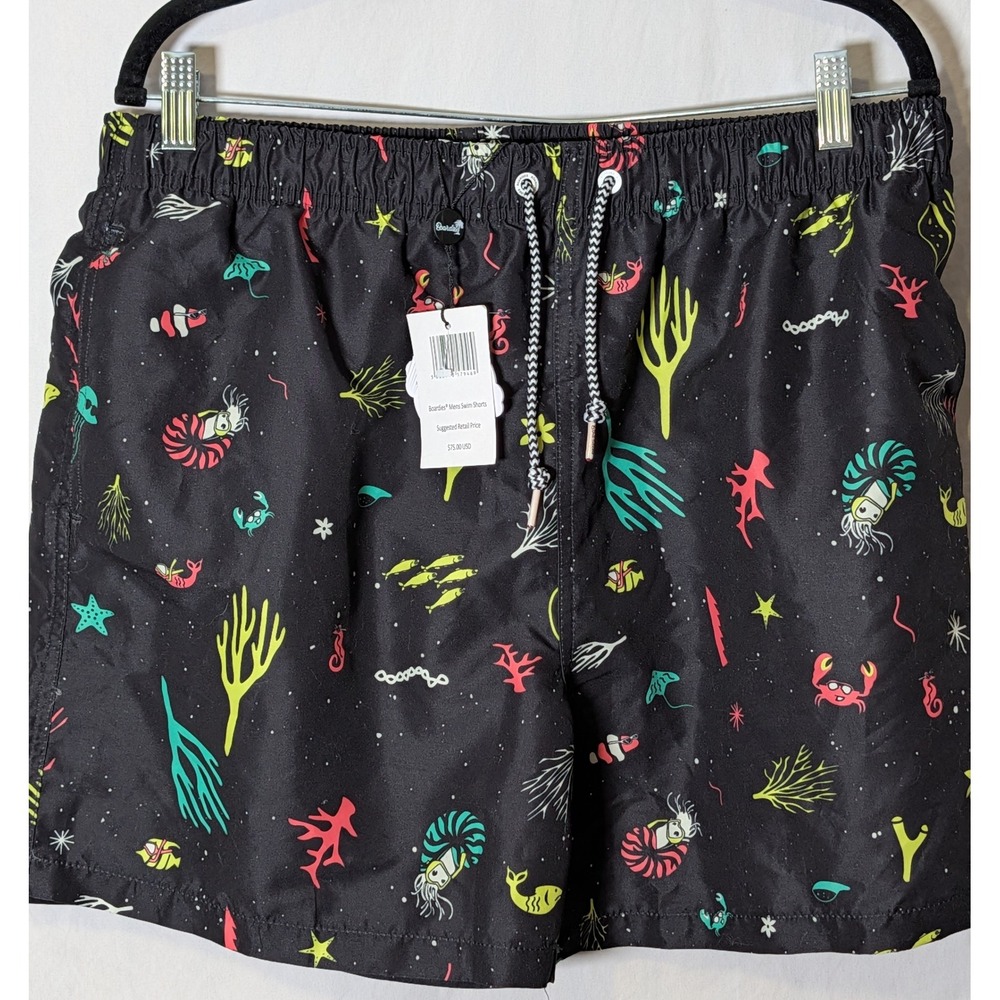 Boardies Apparel Men's XL Swim Trunks Black Ocean Print Lined Shorts NWT